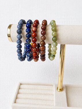 Set of 5 Gemstone Bracelets: Chinese Jade Blue Coral Plus More